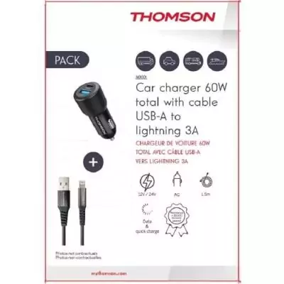 Pack chargeur + câble Thomson - Chargeur de voiture 60W + Câble USB-A vers L 3A Pack chargeur + câble Thomson - Chargeur de voiture 60W + Câble USB-A vers L 3A