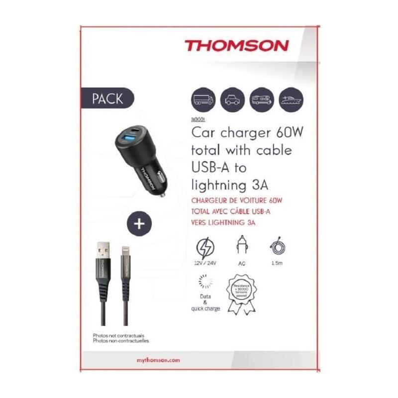 Pack chargeur + câble Thomson - Chargeur de voiture 60W + Câble USB-A vers L 3A