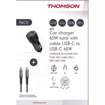 Pack chargeur voiture 60 W + câble C vers C 65 W - THOMSON Pack chargeur voiture 60 W + câble C vers C 65 W - THOMSON