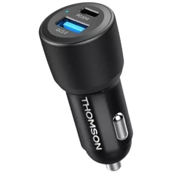 Chargeur voiture - THOMSON - 60 W - Technologie gan nouvelle génération totale - USB-C - PD 30 W + USB-A QC 3.0 - 30 W