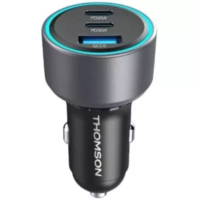 Chargeur voiture - THOMSON - 60 W - Technologie gan nouvelle génération totale - 2 USB-C - PD 30 W + USB-A - QC 3.0 - 18 W