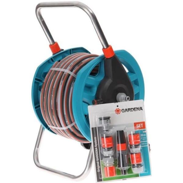 GARDENA Dévidoir portable équipé – Longueur 20m – Raccord anti-goutte – Kit complet tuyau d'arrosage – Garantie 5 ans
