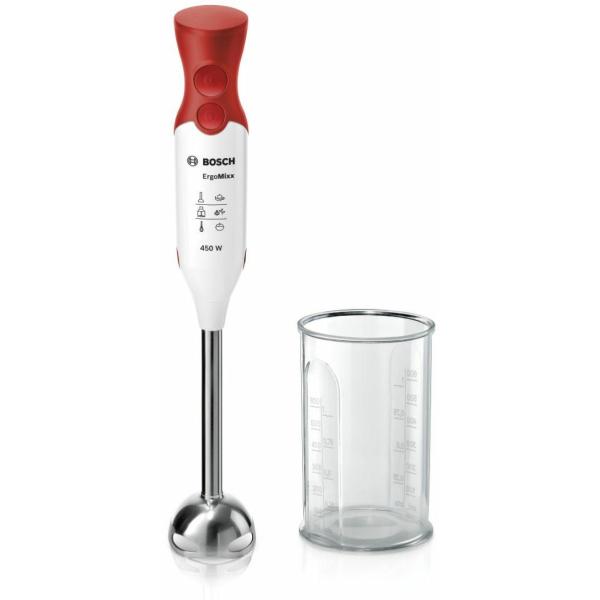 Mixeur plongeant BOSCH ErgoMixx MSM64110 - 450W - Pied inox - 4 lames aiguisées - 2 vitesses - Bol gradué 600ml - blanc/rouge
