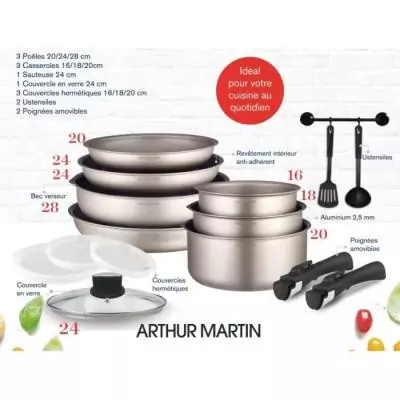 Ensemble cuisine Arthur Martin AM133CH 15 pièces - Aluminium - Poignée amovible Ensemble cuisine Arthur Martin AM133CH 15 pièces - Aluminium - Poignée amovible