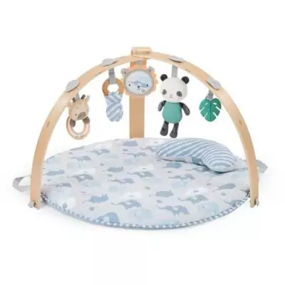 INGENUITY Tapis d'éveil bébé pliable Cosy Spot Elephant,coussin reversible, arche de jeux en bois, mirroir et jouets sensorie