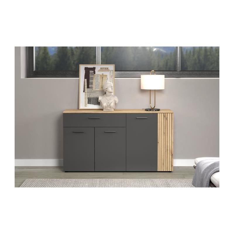 Bahut - Esteban - En panneaux de particules - Chene blond / gris anthracite - 3 portes - 1 tiroir - Scandinave - Trendteam