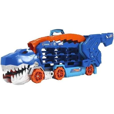 Méga Transporteur T-rex Supreme, Hot Wheels Camion Dinosaure, Se transformer en T-Rex avec piste de course, Des 4 ans, Mattel H