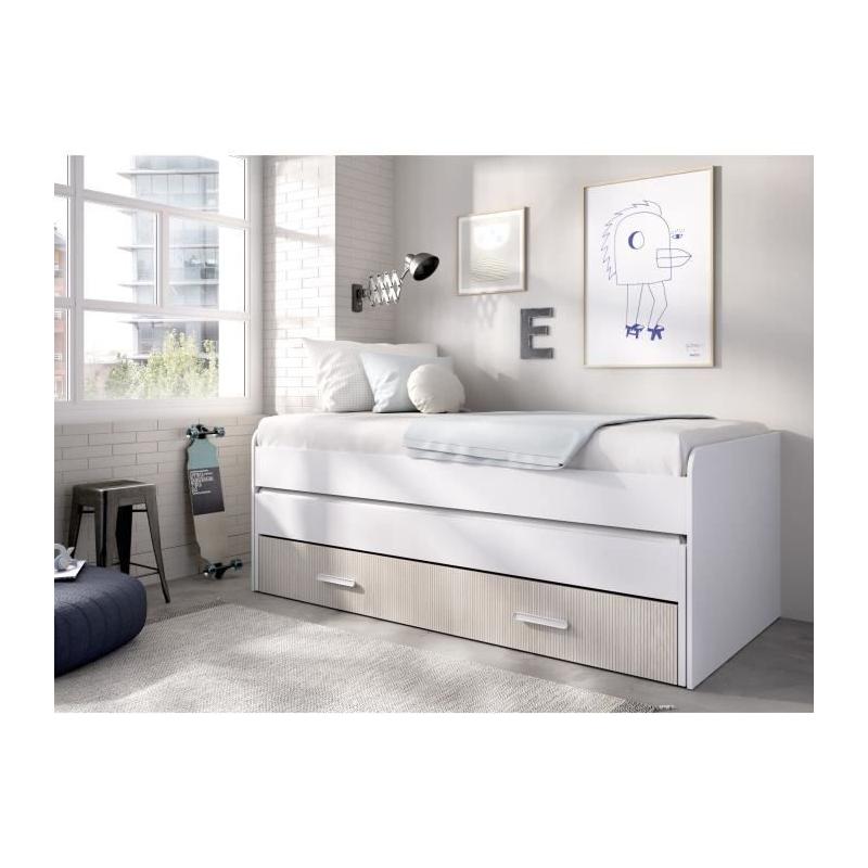 Lit gigogne PEMA - 90 x 200 cm - Blanc / imitation lamelles