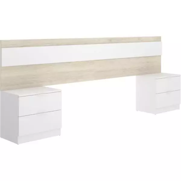 Tete de lit avec 2 tables de chevet a 2 tiroirs - Chene / Blanc - 248 x 34,2 x 96 cm