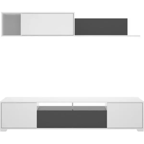 Composition de salon TV - KEN - Blanc Brillant / Graphite - Portes et étagere - 200 x 41 x 180 cm