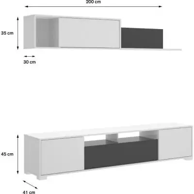 Composition de salon TV KEN - Blanc Brillant / Graphite - 200 x 41 x 180 cm