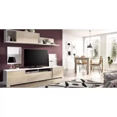 Composition de salon TV KEN Blanc Brillant/Chene 200x41x180cm