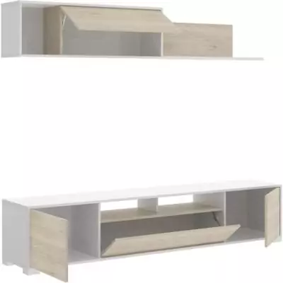Composition de salon TV KEN Blanc Brillant/Chene 200x41x180cm
