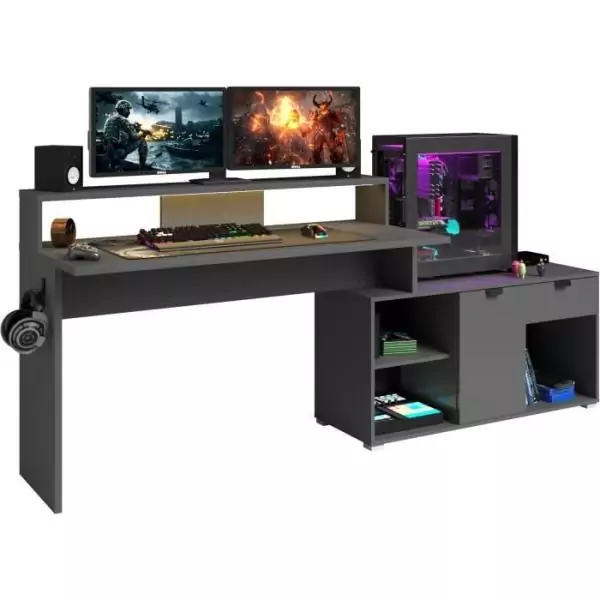 Bureau d'angle modulable avec led - WORTEX - Gris ombre - 167,7/229,2 x 59,7/109,7 x 94,8 cm - PARISOT