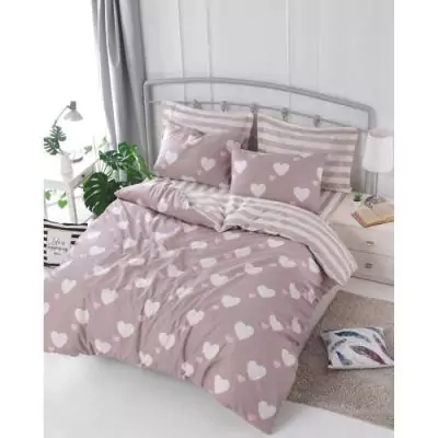 Parure de lit - 1 housse de couette 220 x 240 cm + 2 taies d'oreiller 60 x 60 cm - 65% coton, 35% polyester - Rose