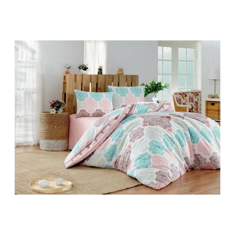 Parure de lit - 1 housse de couette 220x240 cm + 2 taies d'oreiller 60x60 cm - 70% coton, 30% polyester - Turquoise