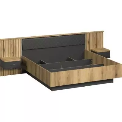 Lit avec chevets et éclairage indirect - ESTEBAN - 180x200 cm - Chêne blond / Anthracite Lit avec chevets et éclairage indirect - ESTEBAN - 180x200 cm - Chêne blond / Anthracite