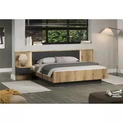 Lit avec chevets et éclairage indirect - ESTEBAN - 180x200 cm - Chêne blond / Anthracite Lit avec chevets et éclairage indirect - ESTEBAN - 180x200 cm - Chêne blond / Anthracite