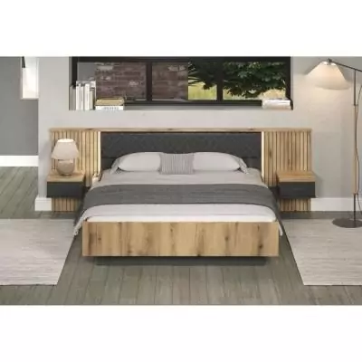 Lit avec chevets et éclairage indirect - ESTEBAN - 180x200 cm - Chêne blond / Anthracite Lit avec chevets et éclairage indirect - ESTEBAN - 180x200 cm - Chêne blond / Anthracite