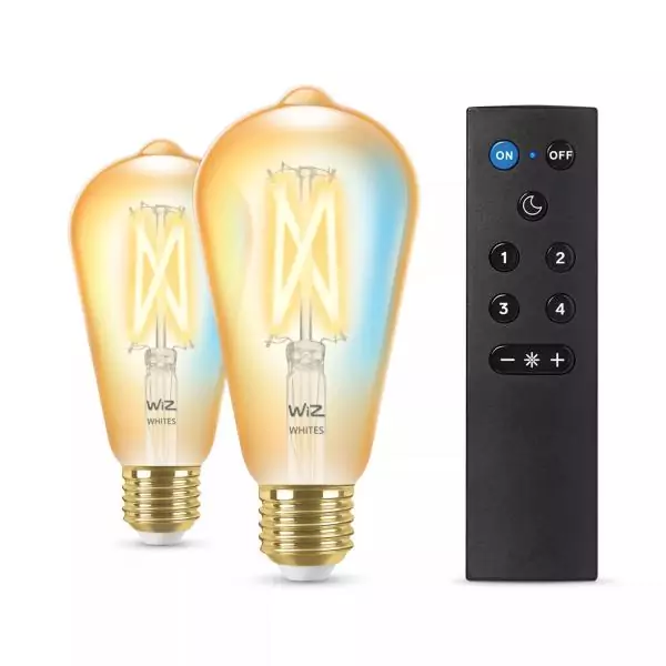 Kit de démarrage WiZ 2 ampoules connectées Edison Blanc variable E27 50W + Télécommande nomade variateur de lumiere