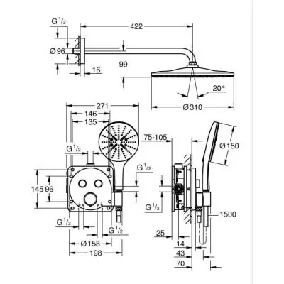 Ensemble de douche encastré GROHE - Jets variés - Mitigeur thermostatique Ensemble de douche encastré GROHE - Jets variés - Mitigeur thermostatique