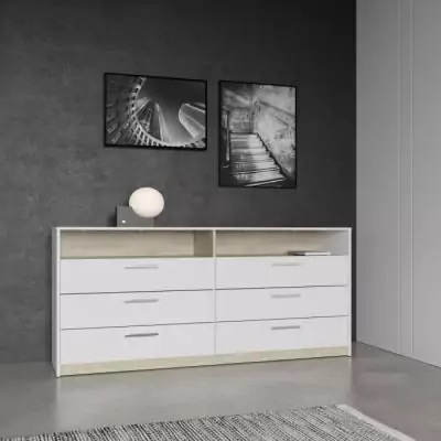 Commode WATSON 6 tiroirs Chene Kronberg / Blanc mat - Élégance et praticité Commode WATSON 6 tiroirs Chene Kronberg / Blanc mat - Élégance et praticité