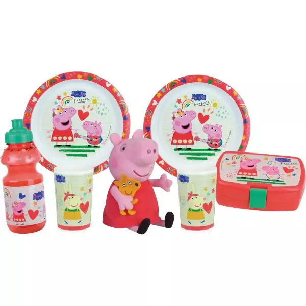 Lot vaisselle - FUN HOUSE - PEPPA PIG - 2 assiettes creuses Ø 22 cm, 2 verres 220 ml, gourde 350 ml, boîte a goûter et peluch