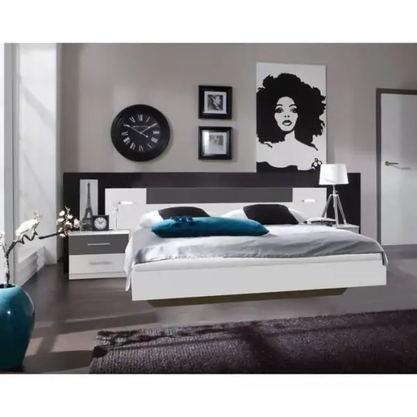 RHODES Lit adulte avec 2 chevets et 2 liseuses - 160 x 200 cm - Blanc /Graphite