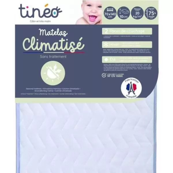 Matelas bébé climatisé - 70 x 140 cm - Epaisseur 11 cm - Avec Drap housse et Alese - TINEO