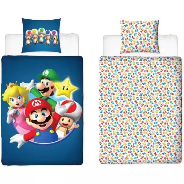 Parure de lit réversible - MARIO BROS - Mario et ses amis - Microfibre - 1 housse de couette 140 x 200 cm + 1 taie 63 x 63 cm