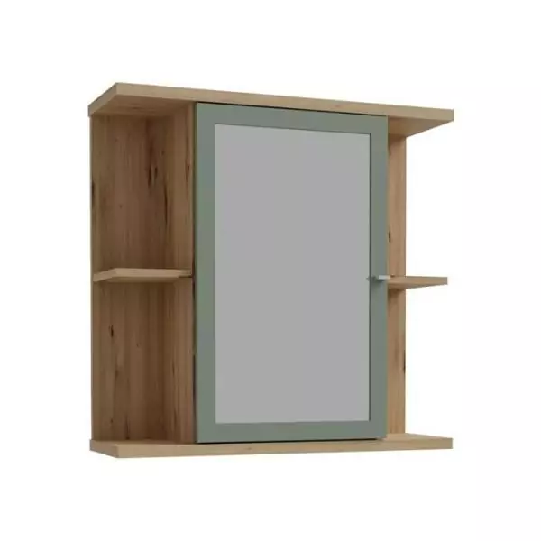Armoire de toilette - Décor chene et vert sauge - Porte- Miroir - Etageres - L69,9 x P23,2 x H68,8 cm