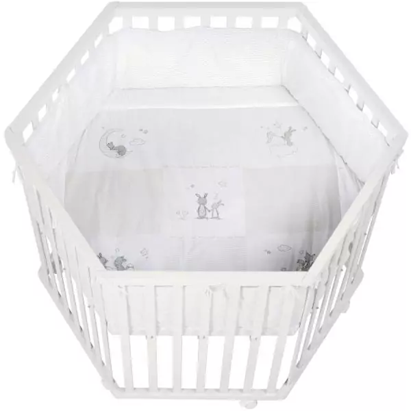 Parc hexagonal - ROBA - FOX & BUNNY - De la naissance jusqu'a 15 kg - Réglable - Roulettes - Blanc laqué