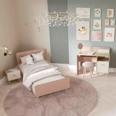 Chambre complete enfant - SUZIE - Lit 90 x 190 cm / Chevet / Bureau - Chene / Abricot - DEMEYERE Chambre complete enfant - SUZIE - Lit 90 x 190 cm / Chevet / Bureau - Chene / Abricot - DEMEYERE