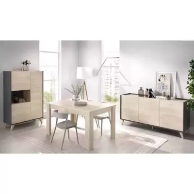 Salle a manger complete avec enfilade + vitrine + table extensible - Décor graphite et Chene - NESS
