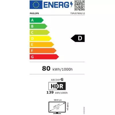 Philips 75PUS7800 (inclus 1 an Disney+) - TV QLED 75 (189 cm) - 4K UHD 3840x2160 - HDR10+ - Smart TV - 3xHDMI