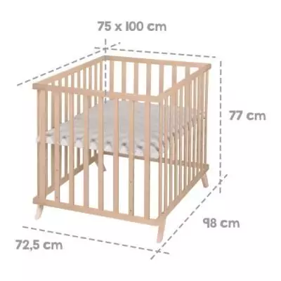 Parc bébé - ROBA - 75 x 100 cm - Tapis de parc 'Lil Planet' gris inclus - Bois naturel