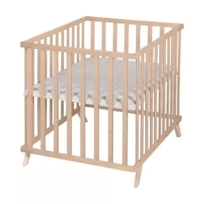 Parc bébé - ROBA - 75 x 100 cm - Tapis de parc 'Lil Planet' gris inclus - Bois naturel