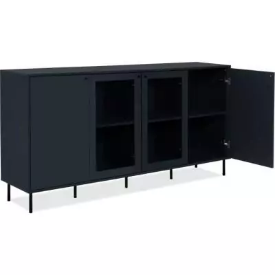 Buffet bas - CARACAS - Décor bleu navy - 2 portes vitrées + 2 portes - L180 x H90 x P40 cm