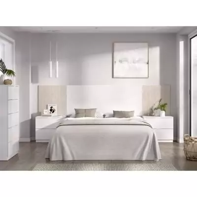 Tete de lit avec chevets intégrés - LOMA - Blanc / Bois - 258,6 x 34,2 x 106 cm