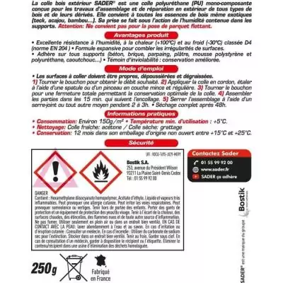 Colle bois extérieur - SADER - PU Polyuréthane - Ultra résistante - Humidité et chaleur - Biberon 250 g Colle bois extérieur - SADER - PU Polyuréthane - Ultra résistante - Humidité et chaleur - Biberon 250 g