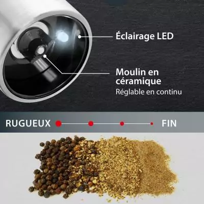 Moulin Poivre/Sel électrique - ADE -KITCHEN GADGETS - Acier inoxydable/plastique - H 22,5 cm - Inclus 6 pilles AAA - Noir