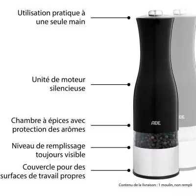 Moulin Poivre/Sel électrique - ADE -KITCHEN GADGETS - Acier inoxydable/plastique - H 22,5 cm - Inclus 6 pilles AAA - Noir
