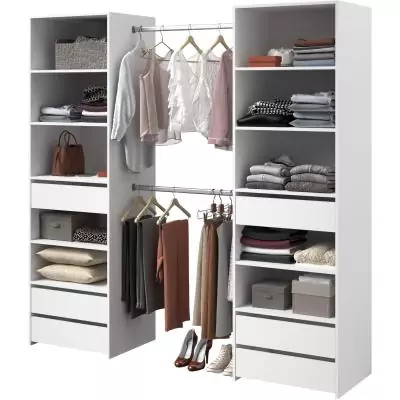 Dressing - ANETO - Blanc - Double colonne - 6 tiroirs - 2 barres de penderie - L199,9 x H200 x P49,7 cm - PARISOT