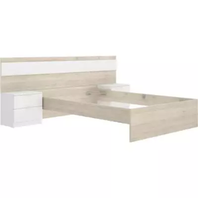 Lit adulte avec chevets intégrés NIZA - 160 x 200 cm - Chene naturel / Blanc