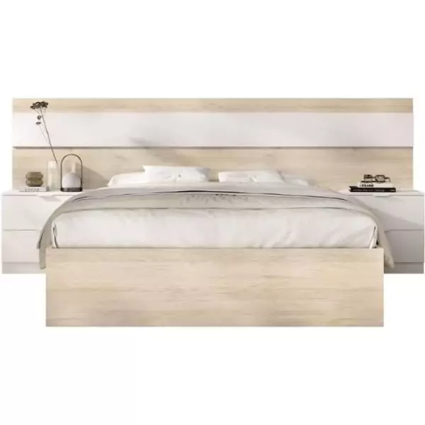 Lit adulte avec chevets intégrés NIZA - 140 x 190 cm - Chene naturel / Blanc