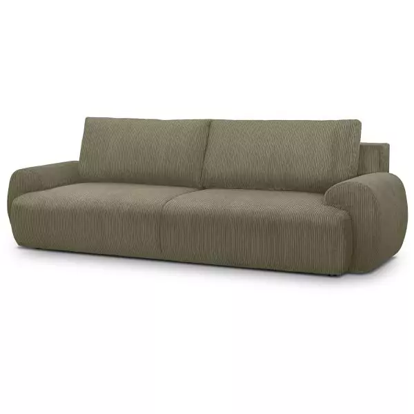 Canapé convertible - 3 places - MILO - Tissu velours côtelé Vert kaki - Coffre de rangement - 254 x 99 x 84 cm