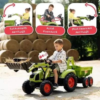 Tractopelle a pédales Claas - FALK - Volant directionnel, Selle pivotante & Excavatrice remorque - Fabriqué en France - Des 3