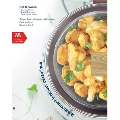 Sauteuse - Tous feux dont induction - ARTHUR MARTIN - AM3056 - Revetement céramique - Ø 24 cm - Couvercle et panier inox - Pru