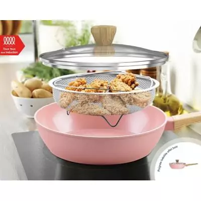 Sauteuse - Tous feux dont induction - ARTHUR MARTIN - AM0333 - Revetement céramique - Ø 24 cm - Avec couvercle et panier inox