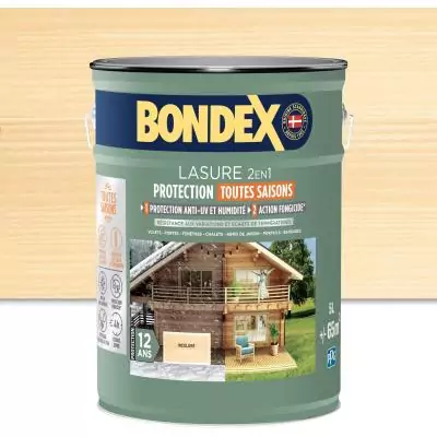 Lasure 2 en 1 protection extérieure - Incolore - Satin - Protection 12 ans - Toutes saisons - Bondex - 5L